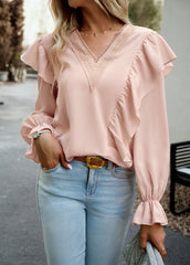 Pink V-Neck Puff Long-Sleeved Top