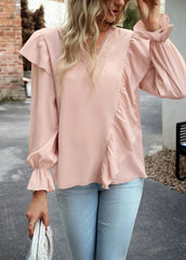 Pink V-Neck Puff Long-Sleeved Top