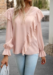 Pink V-Neck Puff Long-Sleeved Top