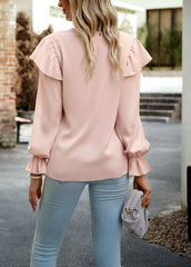 Pink V-Neck Puff Long-Sleeved Top