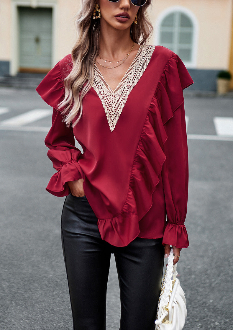 Red V-Neck Puff Long-Sleeved Top