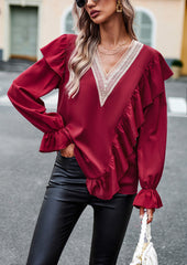 Red V-Neck Puff Long-Sleeved Top