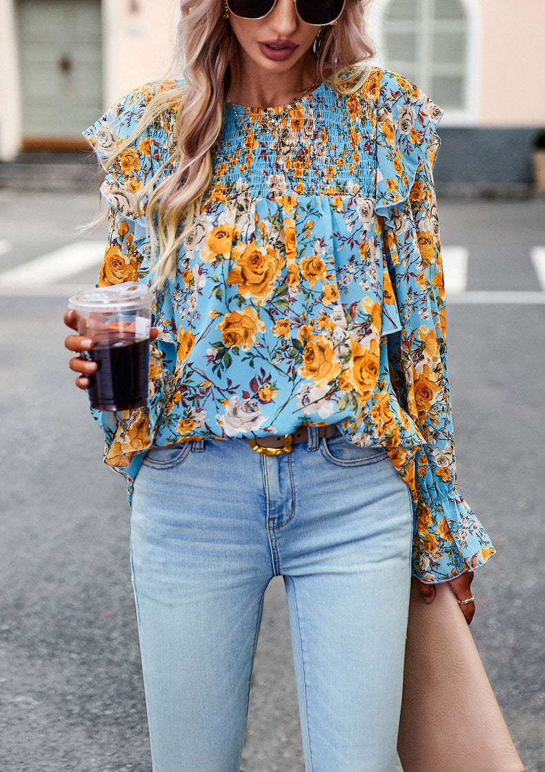 Blue Round Neck Floral Print Puff Long Sleeve Top