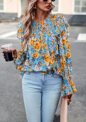 Blue Round Neck Floral Print Puff Long Sleeve Top