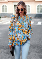 Blue Round Neck Floral Print Puff Long Sleeve Top