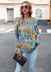 Blue Round Neck Floral Print Puff Long Sleeve Top