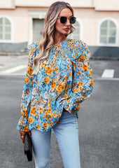 Blue Round Neck Floral Print Puff Long Sleeve Top