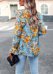 Blue Round Neck Floral Print Puff Long Sleeve Top