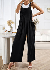 Black Loose Sleeveless Back Tie Wide Leg Jumpsuits with Pockets