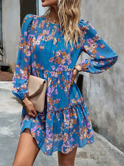 Blue Round Neck Holiday Floral Long-Sleeved Short Dress
