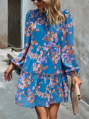 Blue Round Neck Holiday Floral Long-Sleeved Short Dress