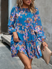 Blue Round Neck Holiday Floral Long-Sleeved Short Dress