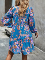 Blue Round Neck Holiday Floral Long-Sleeved Short Dress