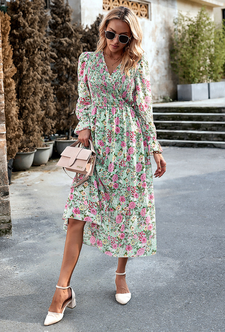 Green V-Neck Long Sleeve Floral Dress