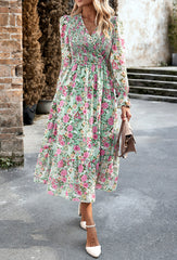 Green V-Neck Long Sleeve Floral Dress