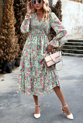 Green V-Neck Long Sleeve Floral Dress