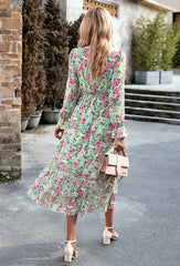 Green V-Neck Long Sleeve Floral Dress