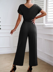 Black V Neck Short Sleeve Wide Leg Pants Casual Belt Jumpsuit