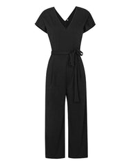 Black V Neck Short Sleeve Wide Leg Pants Casual Belt Jumpsuit