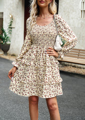 Apricot Off-The-Shoulder Holiday Floral Long-Sleeved Short Dress