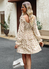 Apricot Off-The-Shoulder Holiday Floral Long-Sleeved Short Dress