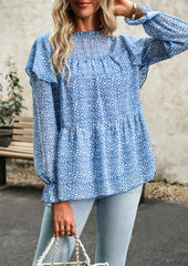 Blue Round Neck Ruffled Long Sleeve Crop Top