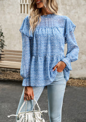 Blue Round Neck Ruffled Long Sleeve Crop Top