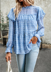 Blue Round Neck Ruffled Long Sleeve Crop Top