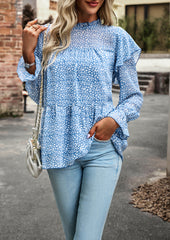 Blue Round Neck Ruffled Long Sleeve Crop Top