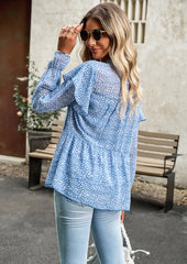 Blue Round Neck Ruffled Long Sleeve Crop Top