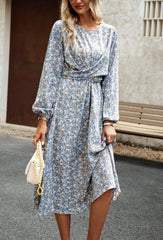 Grey Round Neck Long Sleeve Cross Waist Floral Long Dress