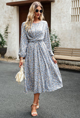 Grey Round Neck Long Sleeve Cross Waist Floral Long Dress