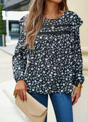 Black Ruffled Floral Long-Sleeved Top