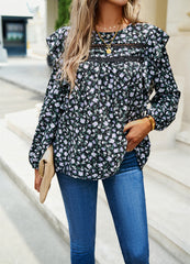 Black Ruffled Floral Long-Sleeved Top