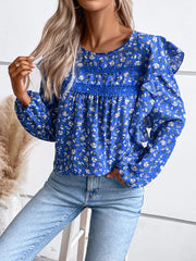 Blue Ruffled Floral Long-Sleeved Top