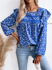 Blue Ruffled Floral Long-Sleeved Top