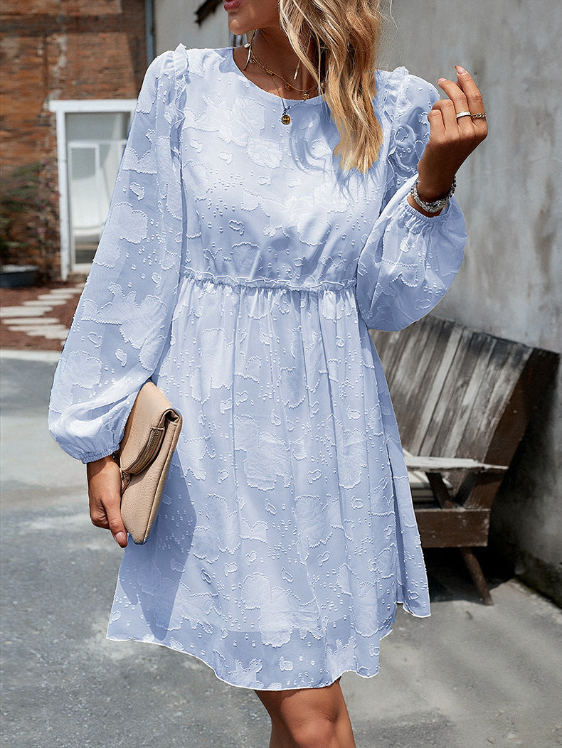 Blue Round Neck Ruffled Waisted Jacquard Short Dress