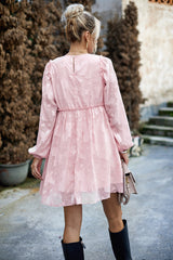 Pink Round Neck Ruffled Waisted Jacquard Short Dress