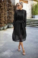 Black Round Neck Waisted Jacquard Short Dress