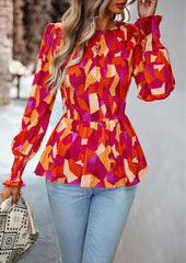 Red Round Neck Stretch Fit Loose Long Sleeve Top