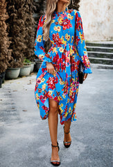 Blue Mid-Collar Waisted Floral Long-Sleeve Dress