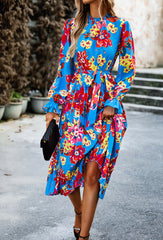 Blue Mid-Collar Waisted Floral Long-Sleeve Dress