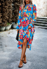 Blue Mid-Collar Waisted Floral Long-Sleeve Dress