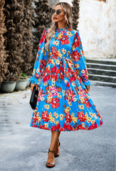 Blue Mid-Collar Waisted Floral Long-Sleeve Dress