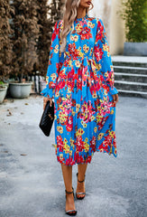 Blue Mid-Collar Waisted Floral Long-Sleeve Dress