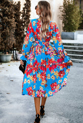 Blue Mid-Collar Waisted Floral Long-Sleeve Dress