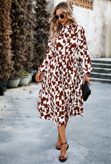 Brown Mid-Collar Waisted Floral Long-Sleeve Dress