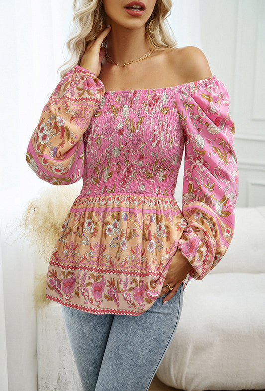 Pink Square Neck Off-Shoulder Bohemia Long-Sleeved Top