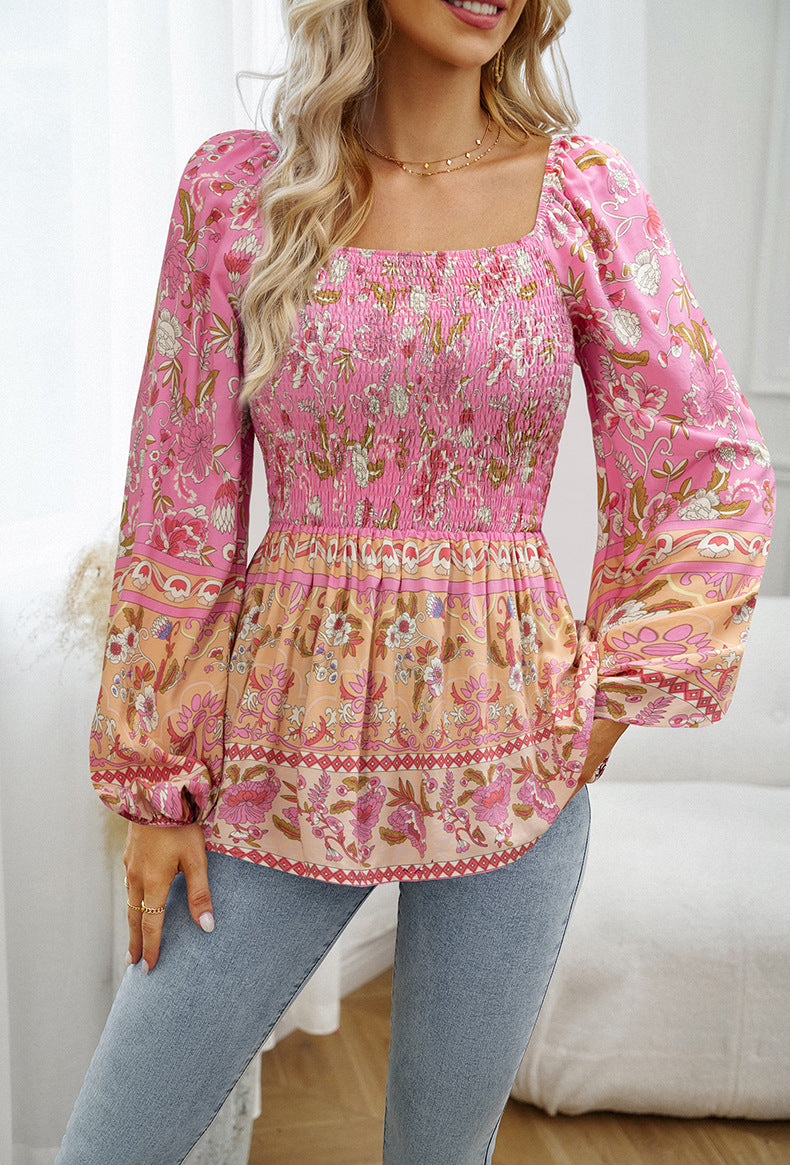 Pink Square Neck Off-Shoulder Bohemia Long-Sleeved Top