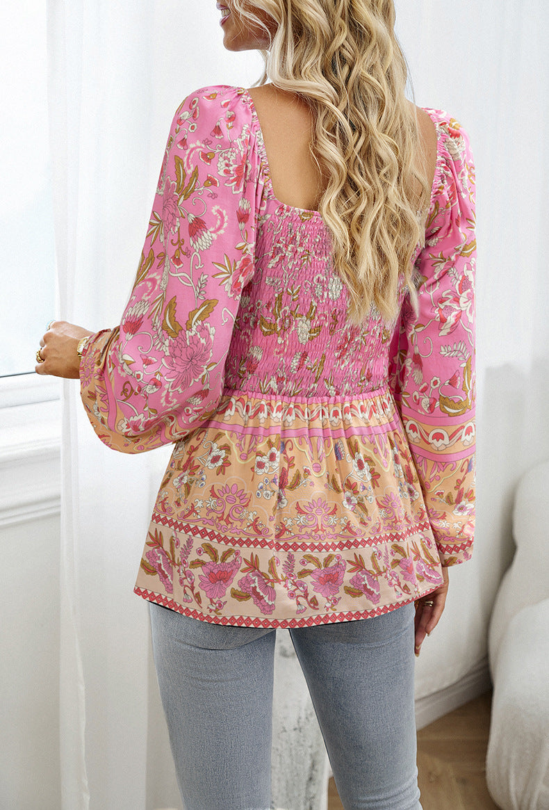 Pink Square Neck Off-Shoulder Bohemia Long-Sleeved Top